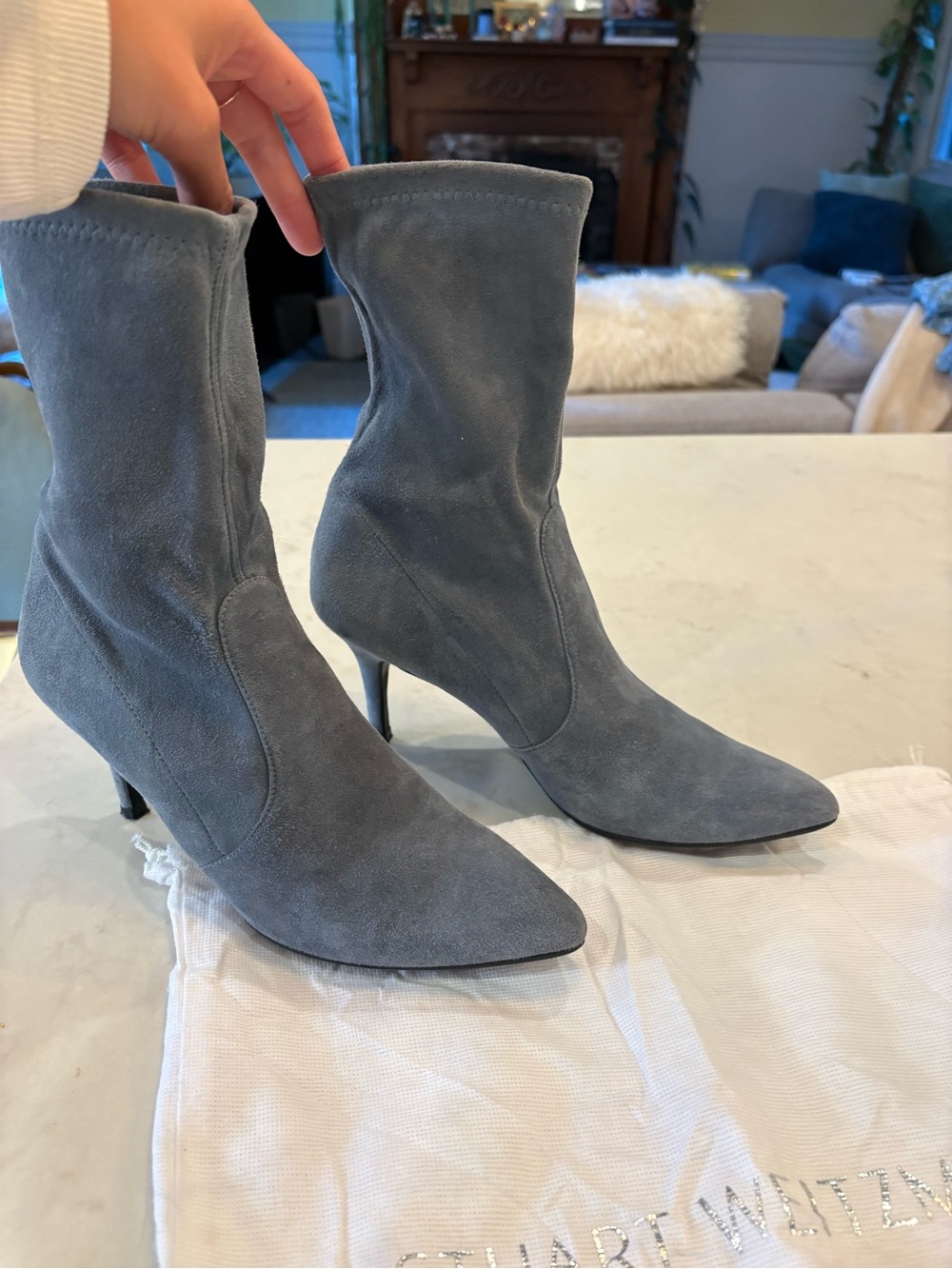 Stuart Weitzman storm blue Suede 4 inch heel Pointed-Toe Ankle sock Bootie 7 - Picture 2 of 16